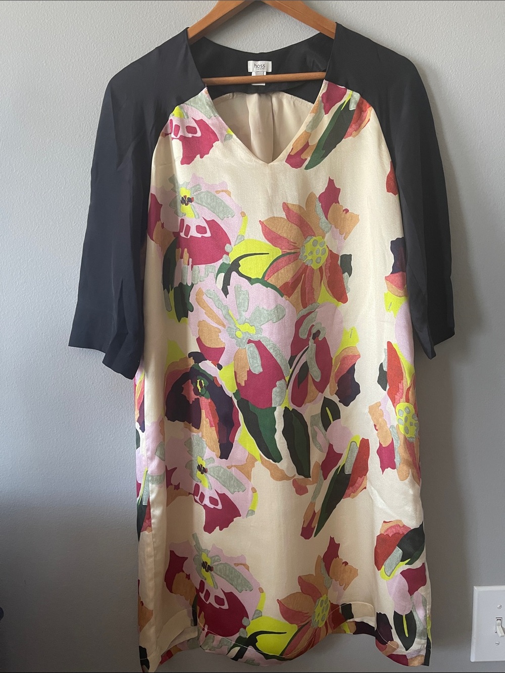 Silk Floral V-Neck Dress with Black Sleeves